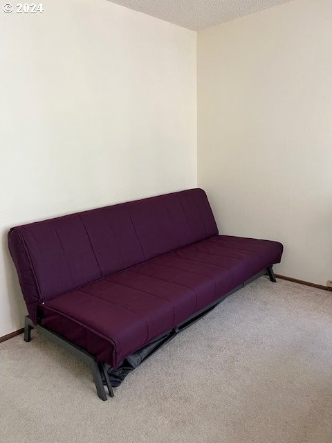 living room with a textured ceiling and light colored carpet