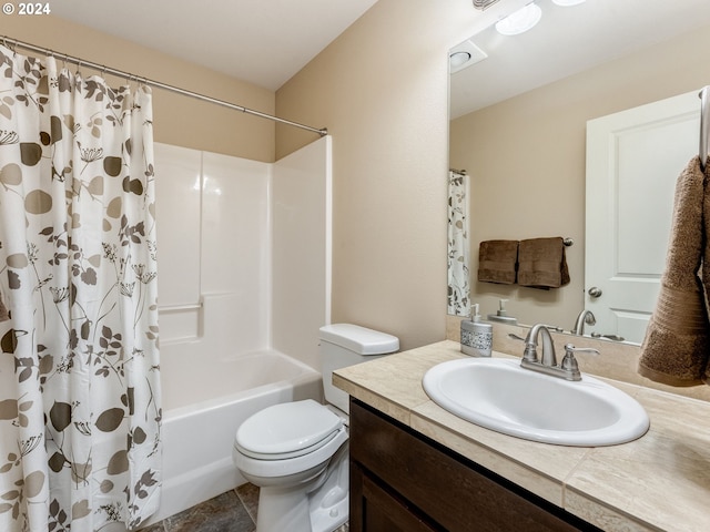 full bathroom with toilet, vanity, shower / tub combo with curtain, and tile patterned flooring