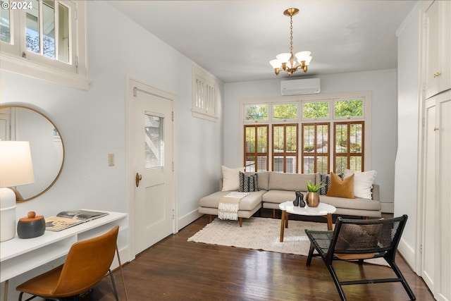 living room featuring dark wood-type flooring, a wall mounted air conditioner, and an inviting chandelier