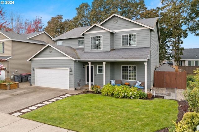 view of front property with covered porch, a garage, and a front yard