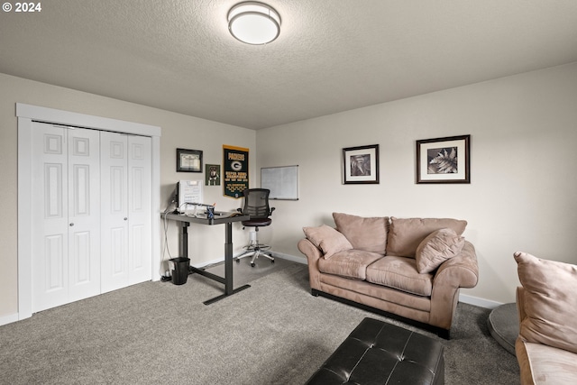 carpeted office featuring a textured ceiling