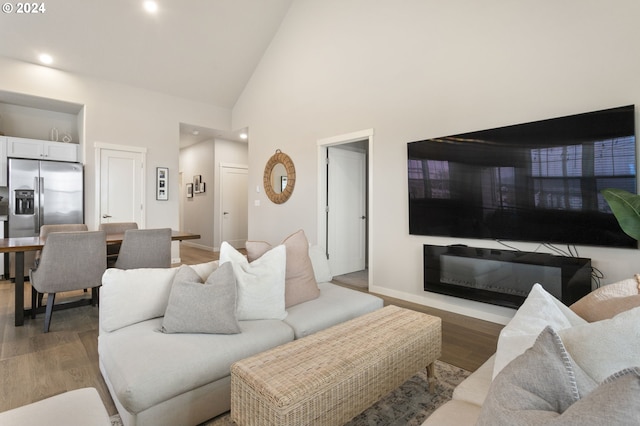 living room featuring wood-type flooring and high vaulted ceiling