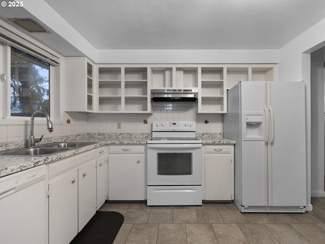 kitchen featuring tasteful backsplash, sink, white cabinets, and white appliances