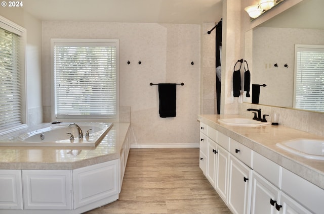 bathroom with a bathing tub, a wealth of natural light, hardwood / wood-style floors, and vanity