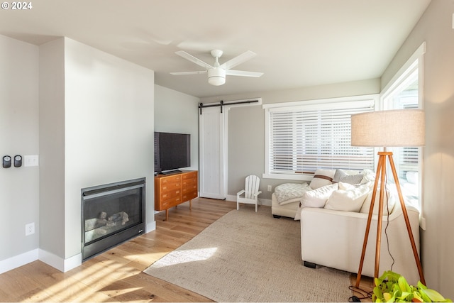 living room featuring ceiling fan, a barn door, and light hardwood / wood-style floors