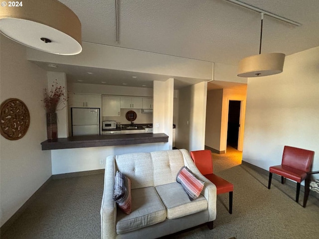 living room featuring rail lighting and a textured ceiling