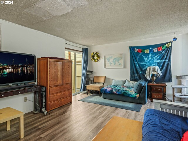 living room featuring a textured ceiling and hardwood / wood-style flooring