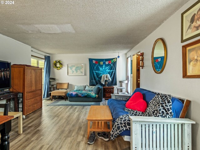 living room with hardwood / wood-style floors and a textured ceiling