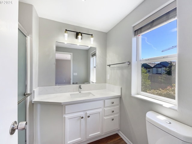 bathroom featuring hardwood / wood-style floors, toilet, and vanity