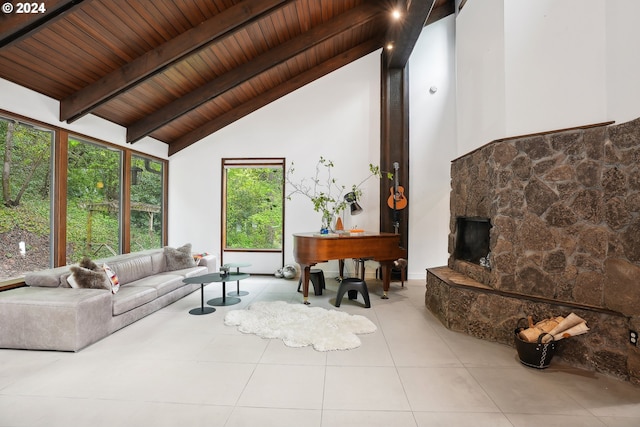 living room featuring high vaulted ceiling, tile patterned floors, wood ceiling, a fireplace, and beam ceiling