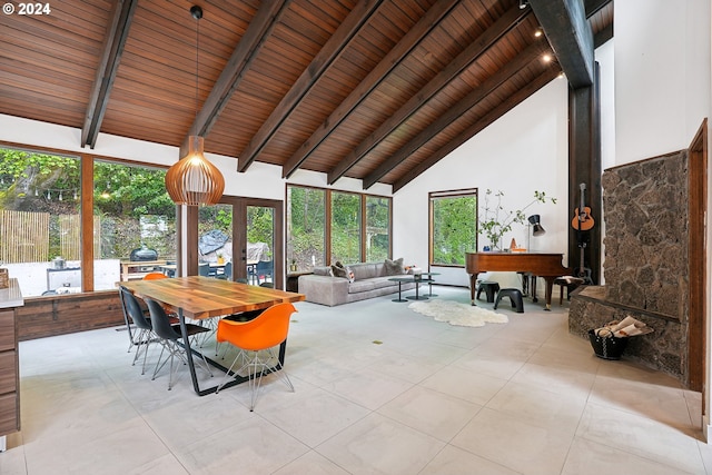 dining area featuring wood ceiling, french doors, beam ceiling, and high vaulted ceiling