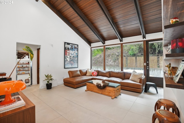 tiled living room with beamed ceiling, wood ceiling, and high vaulted ceiling