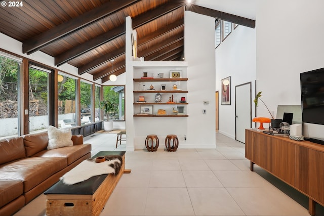 tiled living room featuring beam ceiling, wood ceiling, and high vaulted ceiling