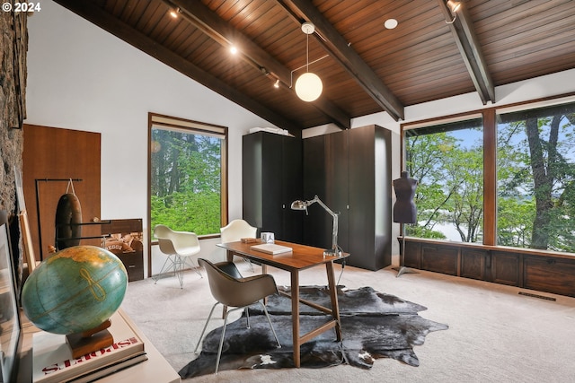 carpeted office space featuring beam ceiling, track lighting, plenty of natural light, and wood ceiling