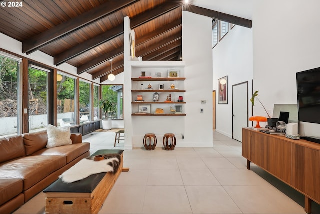 living area featuring beam ceiling, wooden ceiling, baseboards, and a wealth of natural light
