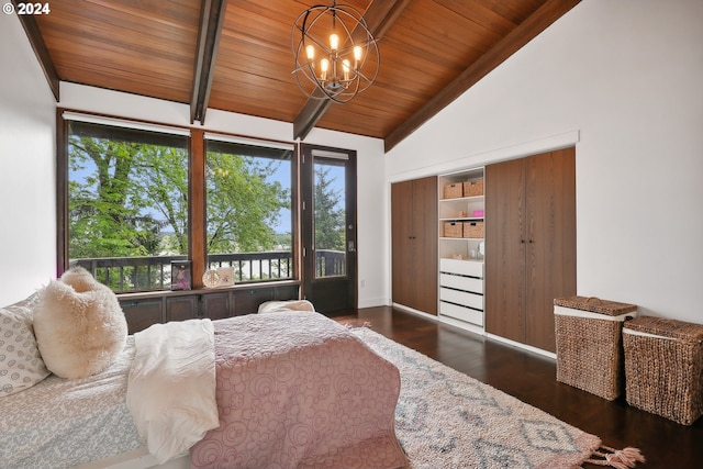 bedroom featuring wooden ceiling, dark wood-type flooring, high vaulted ceiling, and a chandelier