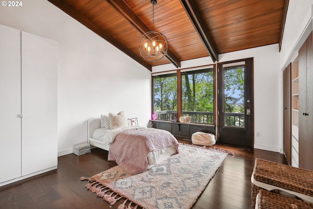 bedroom featuring wood finished floors, vaulted ceiling with beams, baseboards, wood ceiling, and a notable chandelier