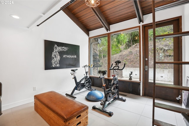 workout area with baseboards, vaulted ceiling, wooden ceiling, and recessed lighting