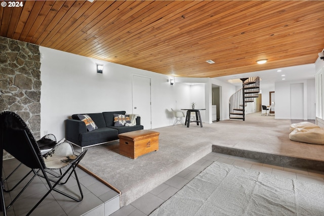 carpeted living room featuring stairway, wood ceiling, and tile patterned floors