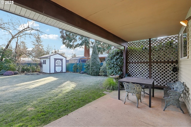 view of patio with a storage shed