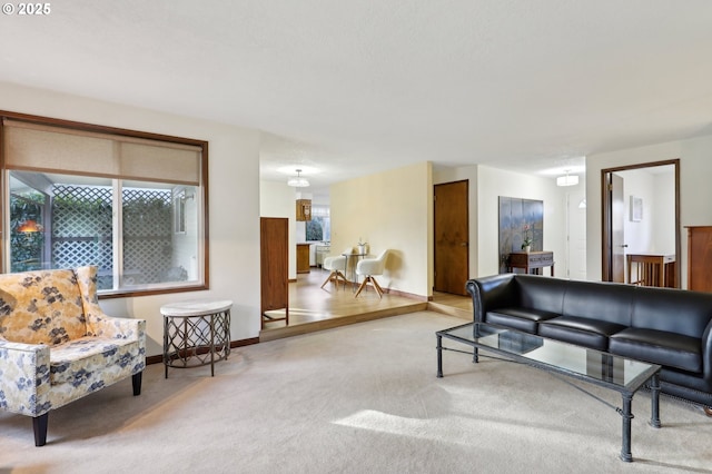 living room featuring light carpet