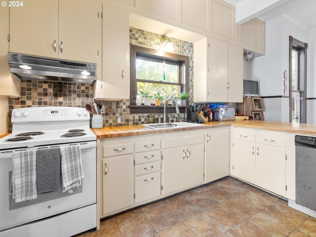 kitchen with white electric range, sink, dishwasher, and tasteful backsplash