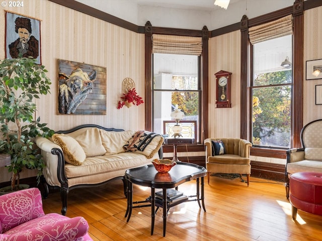 1006 Pine St NE, Silverton, OR 97381 - living room with wallpapered walls, hardwood / wood-style flooring, and plenty of natural light