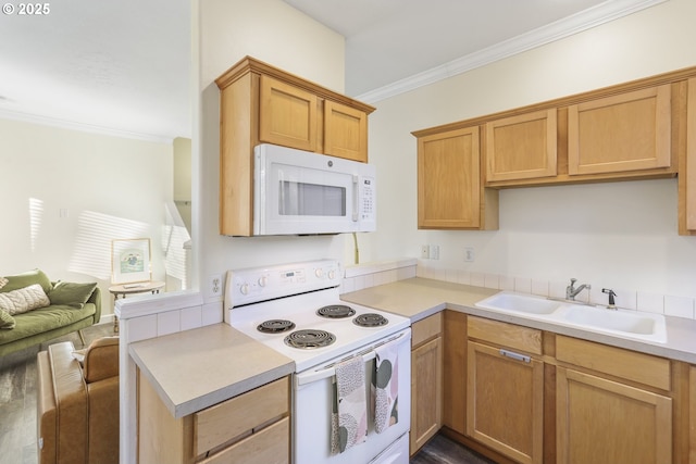 kitchen with white appliances, sink, and ornamental molding