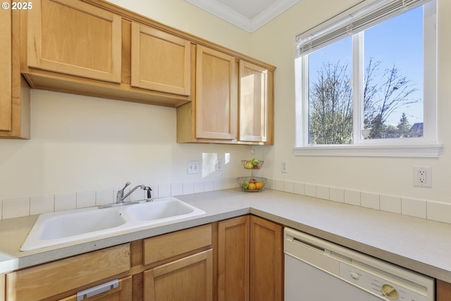 kitchen with sink, white dishwasher, light brown cabinets, and ornamental molding