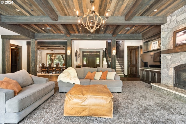 living room featuring hardwood / wood-style flooring, beamed ceiling, and wooden ceiling