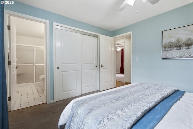 18685 SW Hennig Ct, Beaverton, OR 97003 - carpeted bedroom with a closet, ensuite bathroom, and a ceiling fan