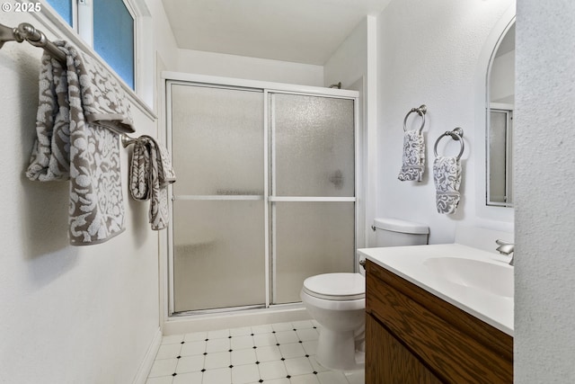18685 SW Hennig Ct, Beaverton, OR 97003 - bathroom with toilet, a shower stall, tile patterned floors, and vanity