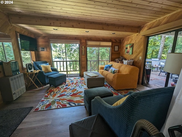 living room featuring wooden walls, wood ceiling, and hardwood / wood-style floors