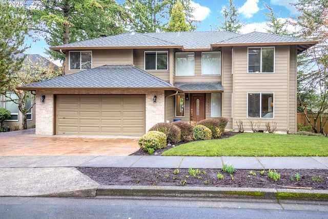 prairie-style home featuring brick siding, a shingled roof, a garage, driveway, and a front lawn