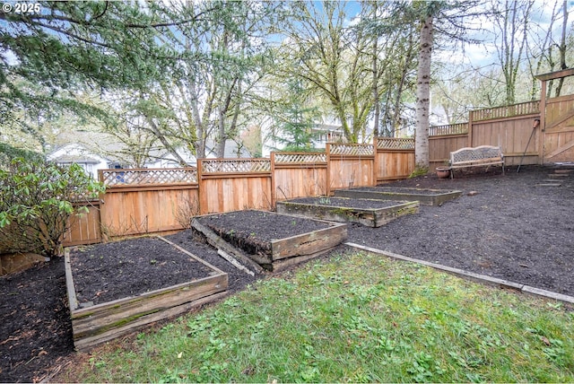 view of yard featuring a garden and a fenced backyard