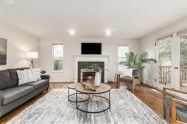 living area featuring wood finished floors, a tile fireplace, and a wealth of natural light