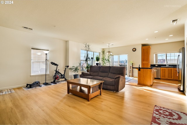 living room with plenty of natural light, sink, and light hardwood / wood-style flooring