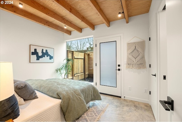 carpeted bedroom with beamed ceiling and wooden ceiling