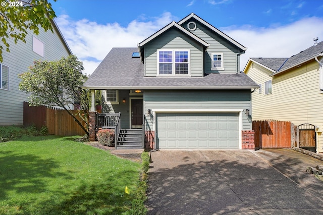 view of front of property with a front yard and a garage