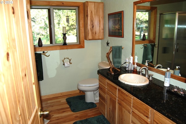 bathroom featuring an enclosed shower, vanity, wood-type flooring, and toilet