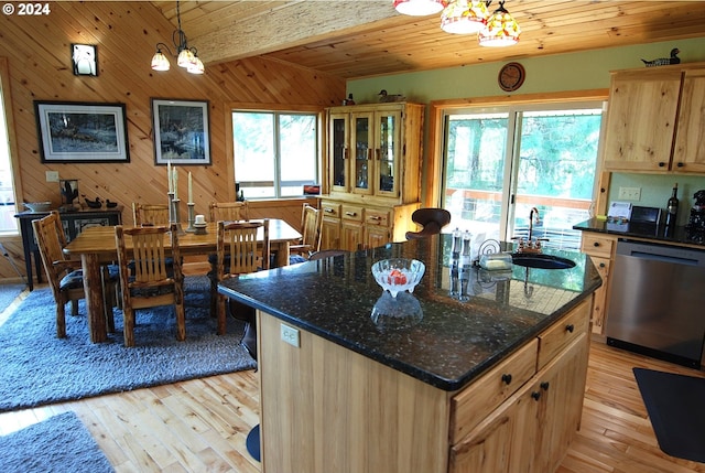 kitchen featuring pendant lighting, sink, wood ceiling, dishwasher, and a center island