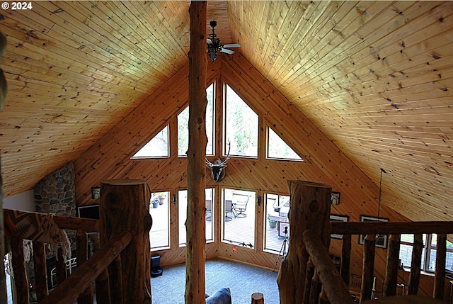 bonus room featuring wood ceiling, ceiling fan, high vaulted ceiling, carpet, and wood walls