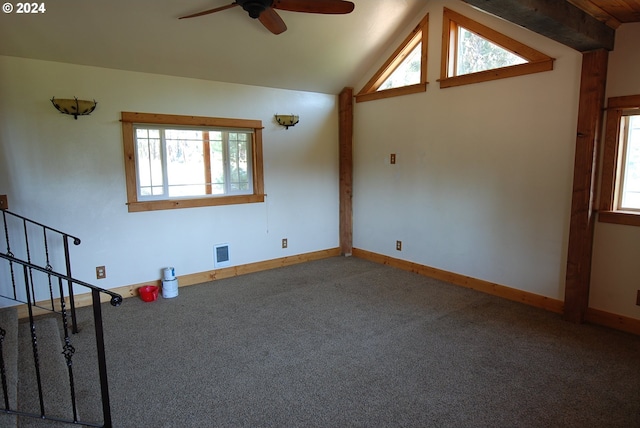 carpeted spare room with lofted ceiling and ceiling fan