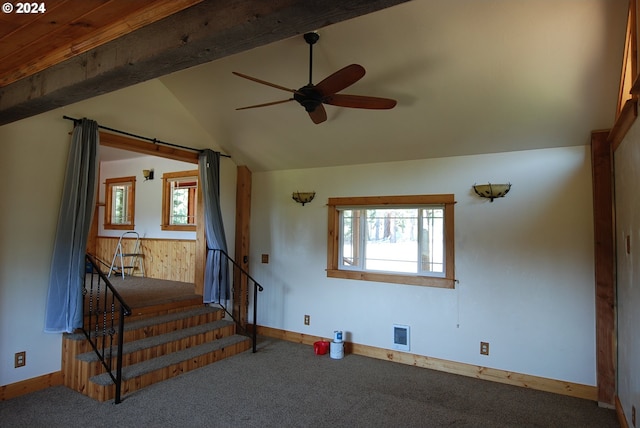 bonus room featuring ceiling fan, carpet, and vaulted ceiling with beams