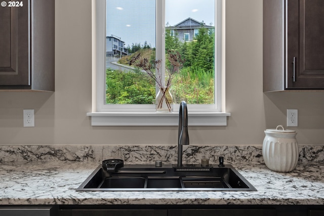 interior details with dark brown cabinetry and sink