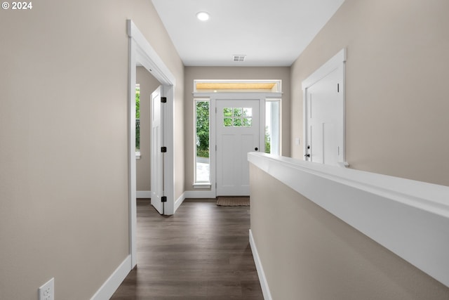 interior space with dark hardwood / wood-style floors