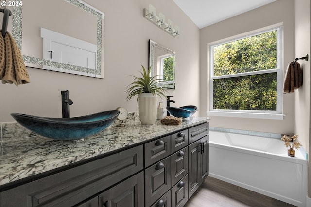 bathroom featuring vanity, hardwood / wood-style flooring, and a washtub