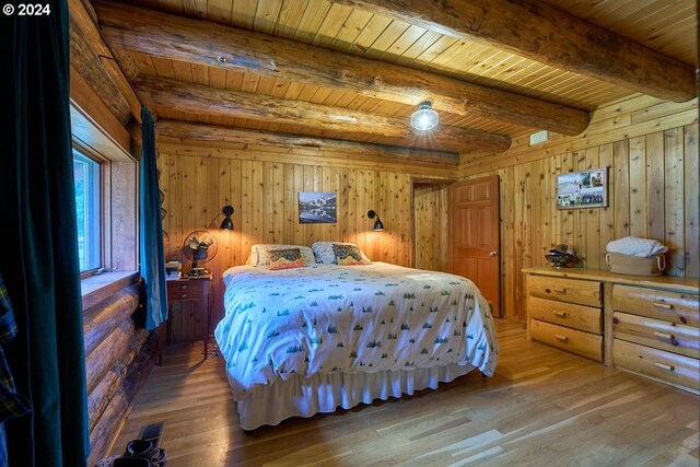 bedroom with wood walls, hardwood / wood-style flooring, beam ceiling, and wood ceiling