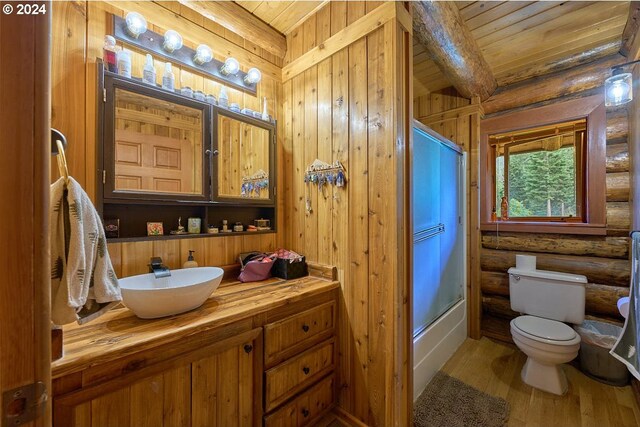 full bathroom with toilet, enclosed tub / shower combo, log walls, wood-type flooring, and wood ceiling