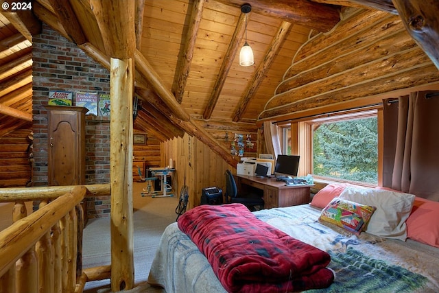 bedroom with carpet flooring, beam ceiling, log walls, wood ceiling, and high vaulted ceiling